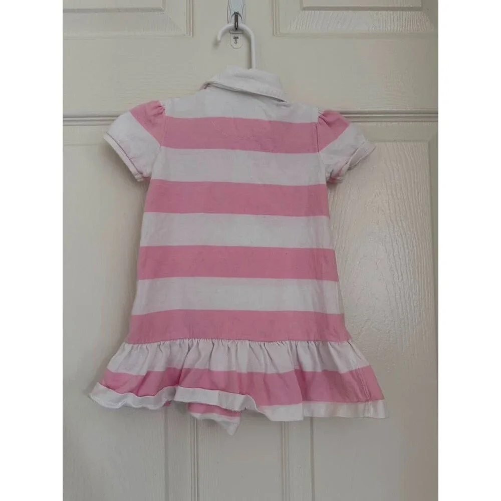 Ralph Lauren Baby Girls Pink White Striped Polo Dress 9M Ruffle Cotton